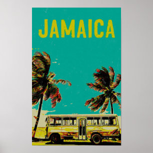 Briefkaart van Jamaica-, bus- en palmbomen Poster