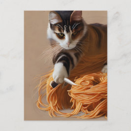 Briefkaart van kat-etensspaghetti