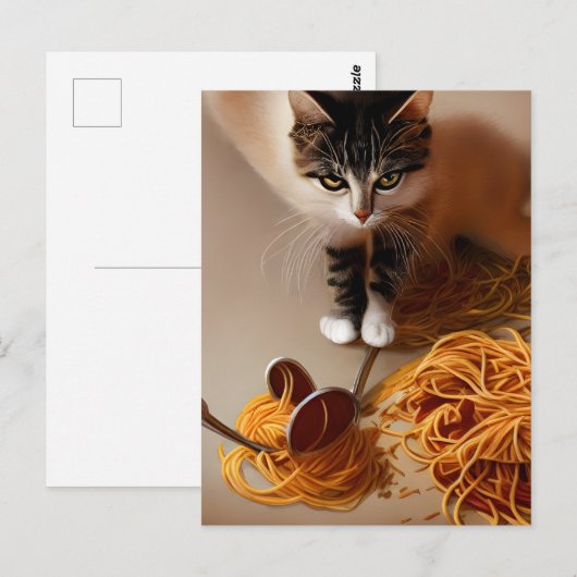 Briefkaart van kat-etensspaghetti (Voorkant / Achterkant)