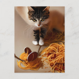 Briefkaart van kat-etensspaghetti