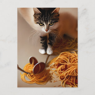 Briefkaart van kat-etensspaghetti