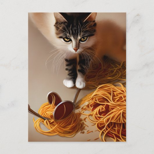 Briefkaart van kat-etensspaghetti (Voorkant)