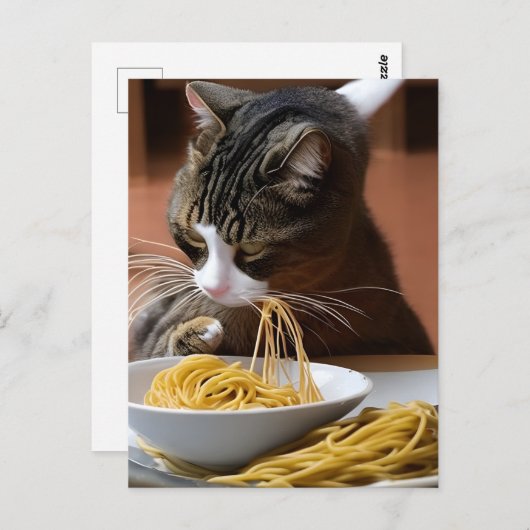 Briefkaart van kat-etensspaghetti (Voorkant / Achterkant)