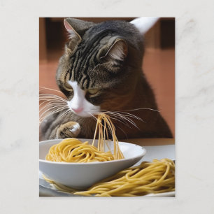 Briefkaart van kat-etensspaghetti