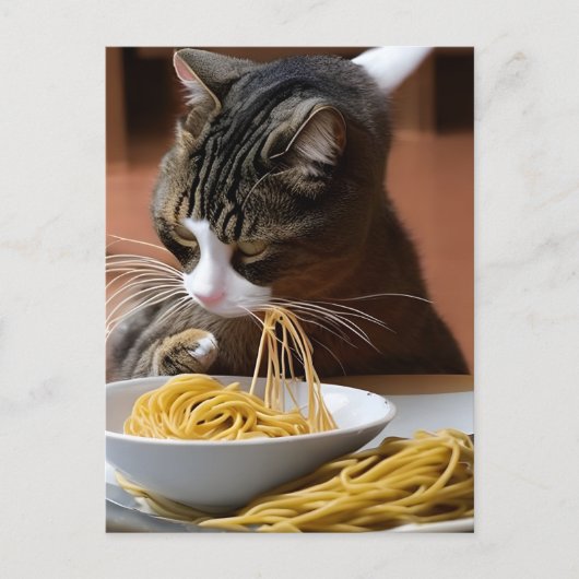 Briefkaart van kat-etensspaghetti (Voorkant)
