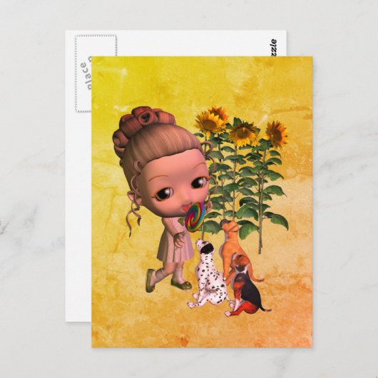 Briefkaart van kleine meisjes en Puppies (Voorkant / Achterkant)