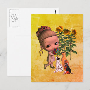 Briefkaart van kleine meisjes en Puppies
