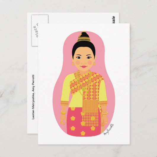 Briefkaart van Laotian (roze) Matryoshka (Voorkant / Achterkant)