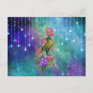 Briefkaart van magische vogelsoorten en kooiplante