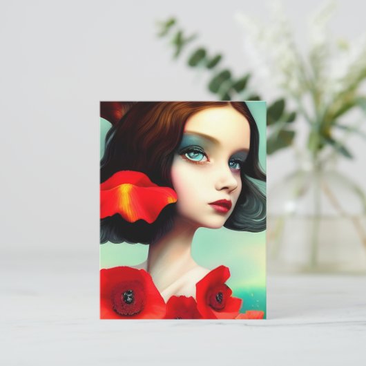 Briefkaart van mooie vrouwen en rode papaverbloeme (Staand voorkant)