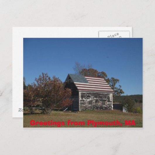 Briefkaart van Old Barn en Old Glory Plymouth, MA (Voorkant / Achterkant)