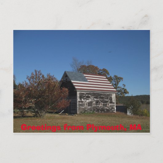Briefkaart van Old Barn en Old Glory Plymouth, MA (Voorkant)