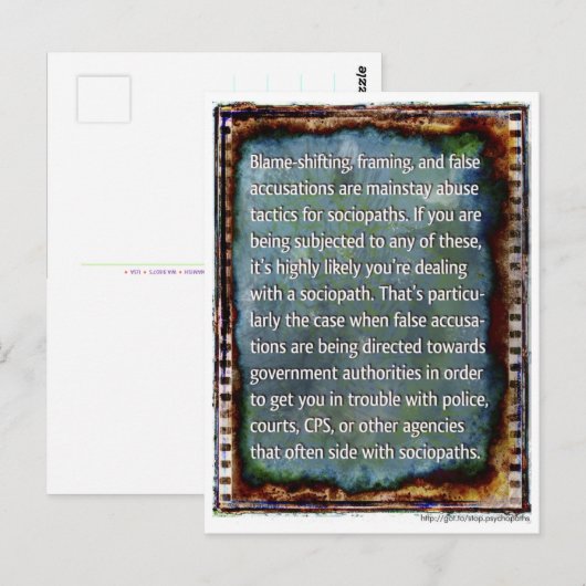 Briefkaart van onjuiste beschuldigingen (Voorkant / Achterkant)