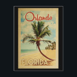 Briefkaart van Orlando Palm Tree Vintage<br><div class="desc">Een unieke retro mid-eeuwse moderne Orlando Florida-kunst in de klassieke stijl van het poster. Het bevat een gebogen palmboom op zandige stranden met oceaan onder een blauwe troebele hemel.</div>