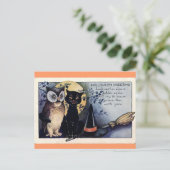Briefkaart van Owl en Black Cat Halloween (Staand voorkant)