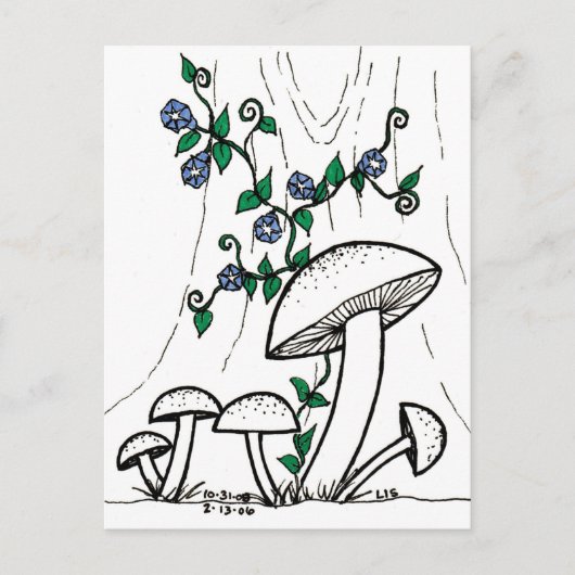 Briefkaart van paddenstoelen en blikjes (Voorkant)