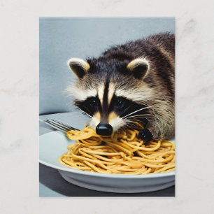 Briefkaart van schattig Raccoon Eating Spaghetti