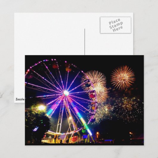 Briefkaart van vuurwerk en reuzenwielen (Voorkant / Achterkant)