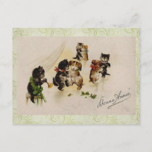 Briefkaart-Vintage Kerstkatten Honden Dansen Feestdagenkaart
