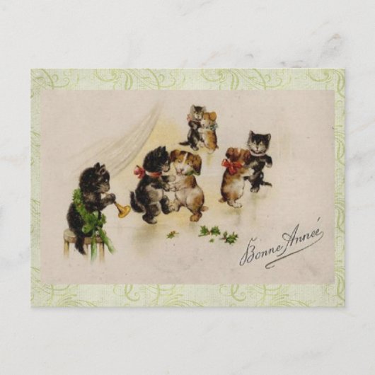 Briefkaart-Vintage Kerstkatten Honden Dansen Feestdagenkaart (Voorkant)