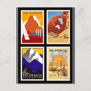 Briefkaart Vintage Travel Bekijk Amerika 4 Prints