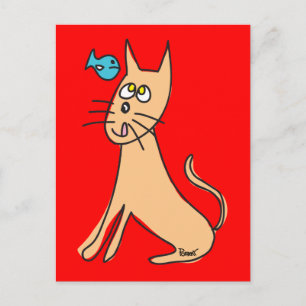 Briefkaart vis en kat