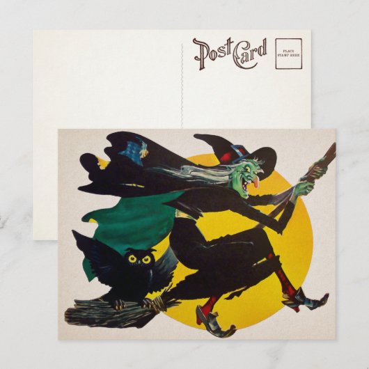 Briefkaart  vliegende heks (Voorkant / Achterkant)