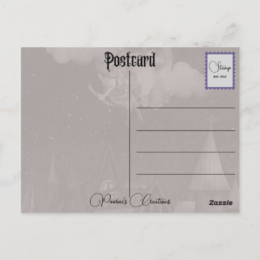 Briefkaart vliegende heks Postkruising (Achterkant)