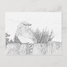 Briefkaart - Vogel op hek naar kleur