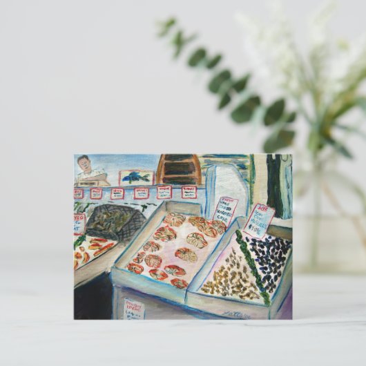 Briefkaart voor de verkoop van zeevruchten (Pike P (Staand voorkant)