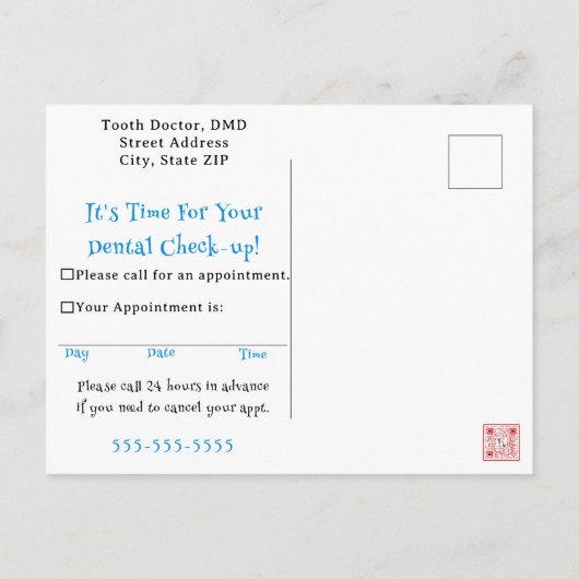 Briefkaart voor gebitsbenoemingen (Achterkant)