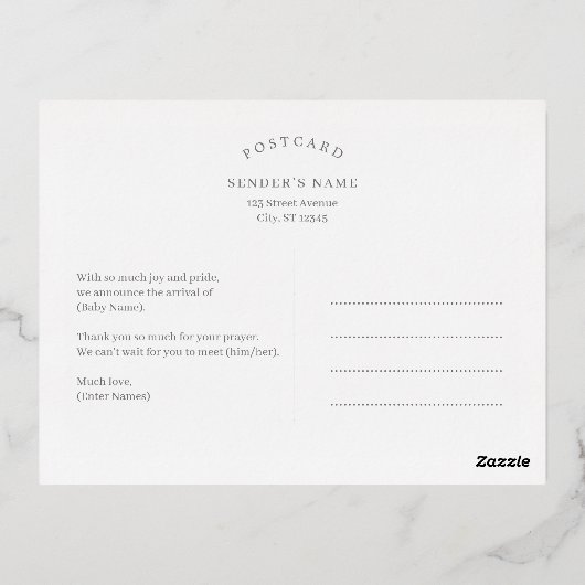 Briefkaart voor geboortebekendmaking via moderne r (Achterkant)