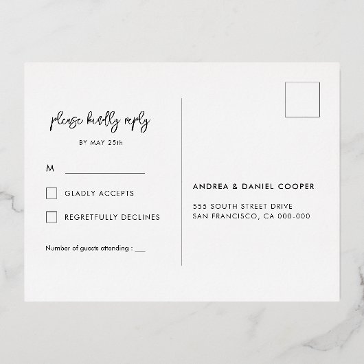 Briefkaart voor hedendaagse RSVP zwarte en goudfol (Achterkant)