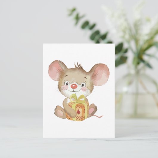 Briefkaart voor kerstmuis met taart (Staand voorkant)