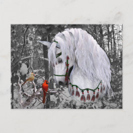 Briefkaart voor kerstpaarden en kardinalen