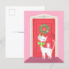 Briefkaart voor kerstretro White Cat and Mouse