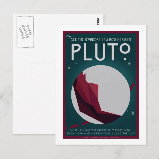 Briefkaart voor ruimtevaart - Pluto (Voorkant / Achterkant)