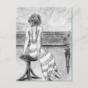 Briefkaart vrouw op een piano