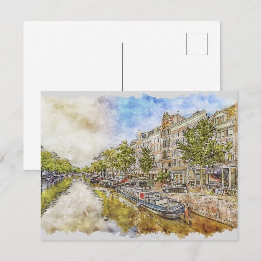 briefkaart waterverf Amsterdam, Nederland (Voorkant / Achterkant)