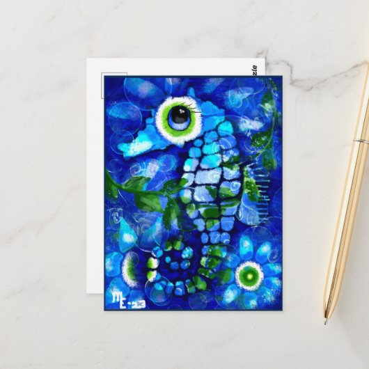 Briefkaart - Whimsical Seahorse Abstract Art Blue (Voorkant / Achterkant in situ)