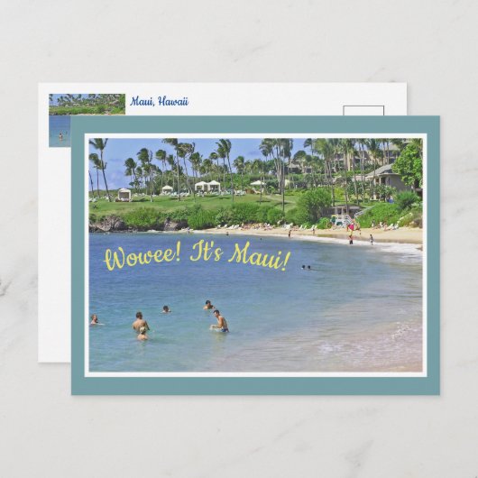 Briefkaart/ "WOWEE! HET IS MAUI!/BEACH&PALM BOMEN Briefkaart (Voorkant / Achterkant)