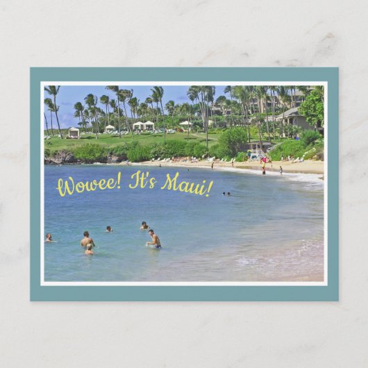 Briefkaart/ "WOWEE! HET IS MAUI!/BEACH&PALM BOMEN Briefkaart (Voorkant)