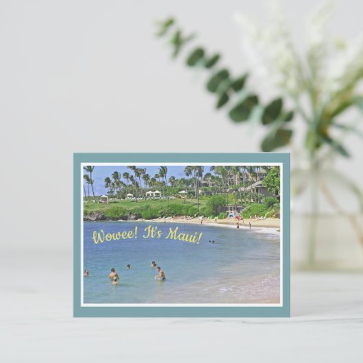 Briefkaart/ "WOWEE! HET IS MAUI!/BEACH&PALM BOMEN Briefkaart (Staand voorkant)