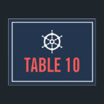 Briefkaart zeemacht en koraal<br><div class="desc">Navy en Coral Nautical Helm Tafelnummer Briefkaart Donker marineblauw en koraal bedankkaart met een witte helm illustratie. Dit is ideaal voor nautische thema bruiloften of zee en oceaan thema bruiloften.</div>