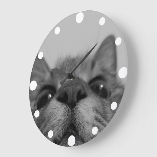 Briefkaart zwart-wit kattegezicht grote klok (Hoek)