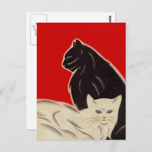 Briefkaart zwart-wit katten in de Red Art Deco-sti (Voorkant / Achterkant)