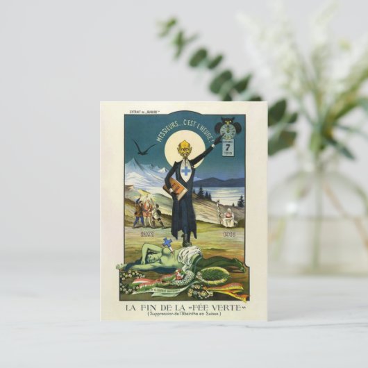 Briefkaart Zwitsers Absinthe Ban (Staand voorkant)