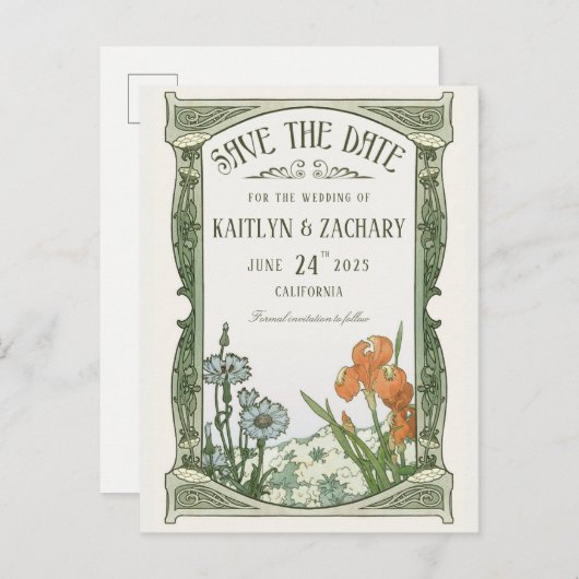 Briefkaarten Datum opslaan | Floral Art Nouveau (Voorkant / Achterkant)