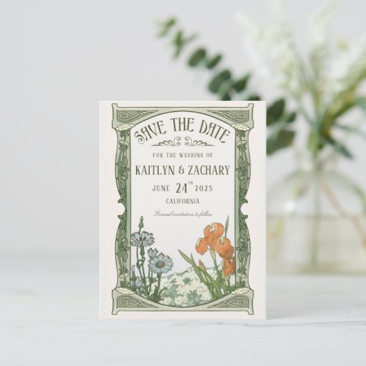 Briefkaarten Datum opslaan | Floral Art Nouveau (Staand voorkant)