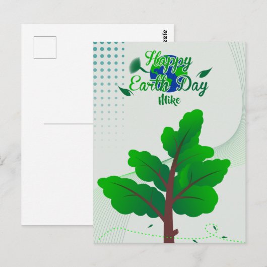 briefkaarten Happy Earth Day met boom en wereldbol (Voorkant / Achterkant)